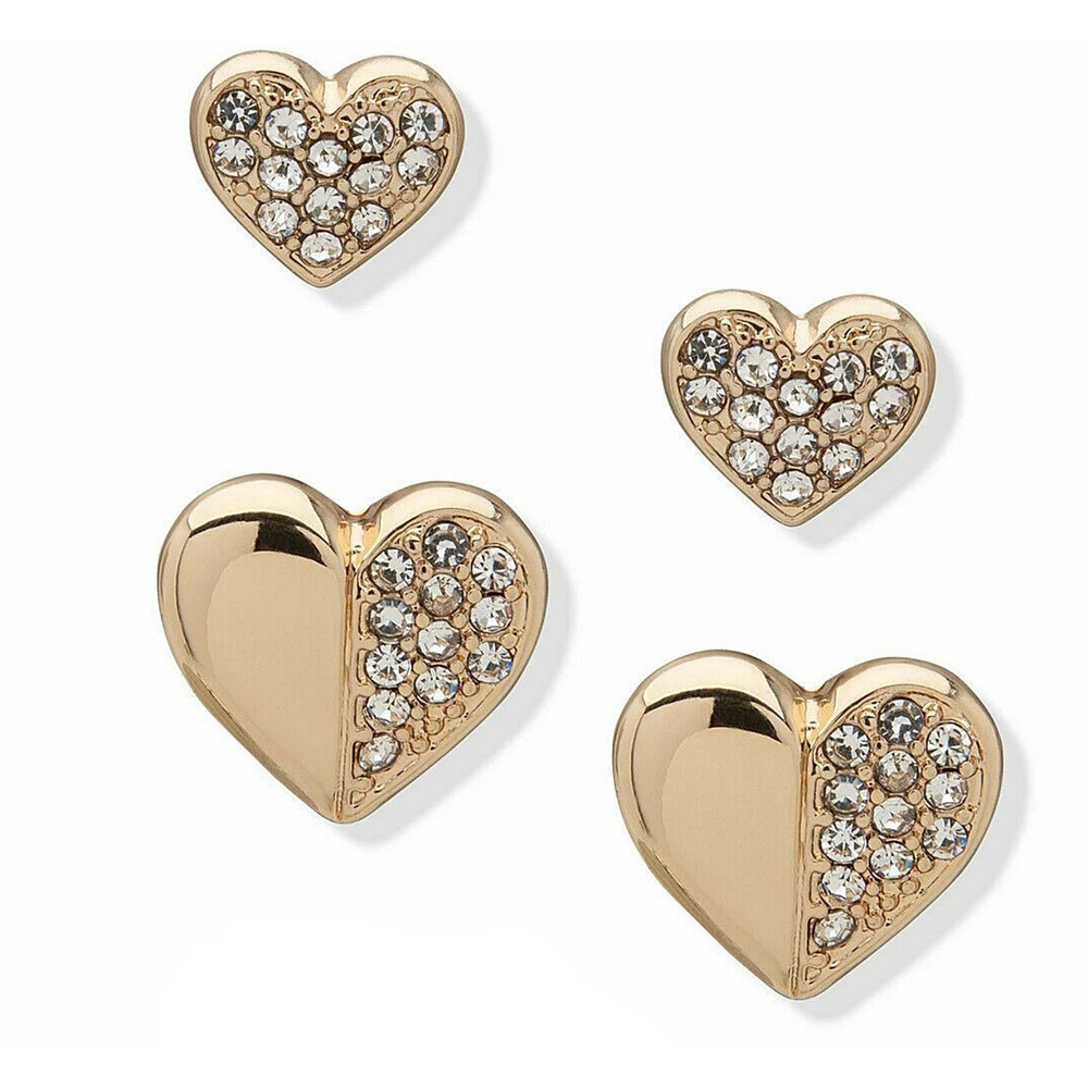 Anne Klein Timeless Elegant Gold Crystal Heart Stud Earrings Pave Duo Set Gift - Picture 7 of 8